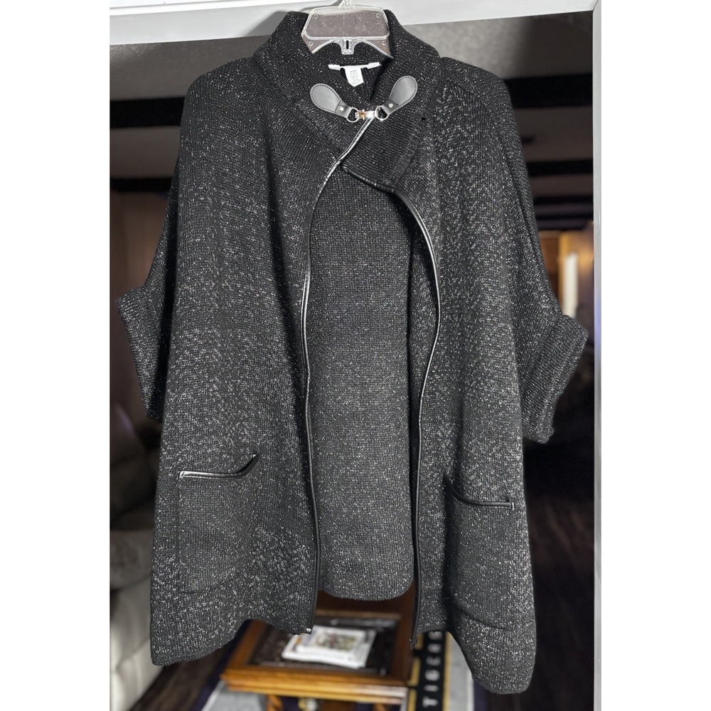 LC Lauren Conrad Open Front Sweater Wrap Buckle Collar Faux Leather Trim OSFA‎